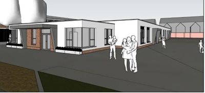 CGI image of St Bride's Primary School proposed extension with trees in background and people at front of building.