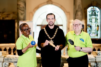 Lord Mayor of Belfast, Councillor Micky Murray launches Positive Ageing Month with two Age Friendly Belfast volunteers